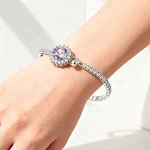 Luxury Cubic Zirconia Bangle for Women Silver Plated with Large Shiny CZ Stone Paved Crystal Elegant Adjustable Bracelet Wedding