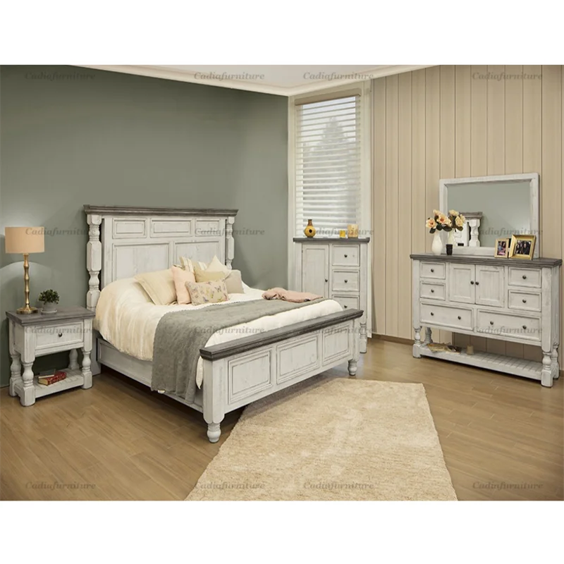 French Antique Design Rustic Bedroom Furniture Solid Wood Bed Frame