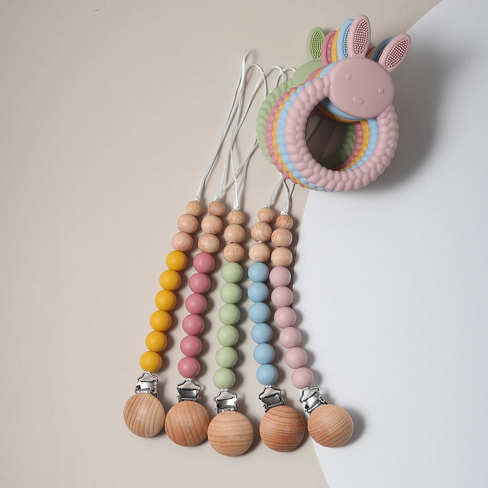 Pacifier Chain and Baby Teether Rabbit Bunny Shape Silicone Teether Teething Toy Kids Sensory Educational Toy Baby Gift Set