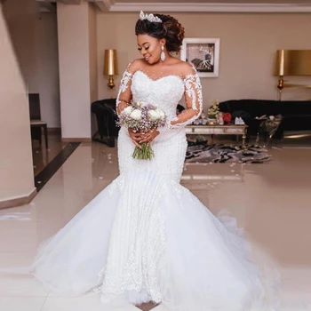 2020 African Luxury Appliques Pearls Wedding Gowns Plus Size Black Vestido de noiva Long Sleeve Mermaid Wedding Dress MWA509