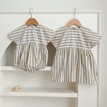 Summer new baby clothes short sleeve striped baby rompers onesie cotton pocket girl dress sisters outfit