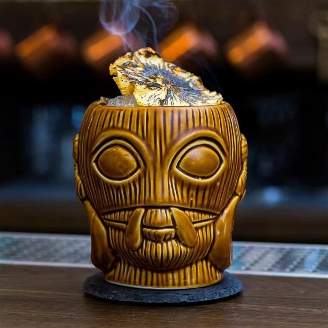 Vintage Style Tiki Mugs Good Quality Brown Ceramic Hand Painted Face Design 700ml Capacity Spoon for Coffee for Business Gifts