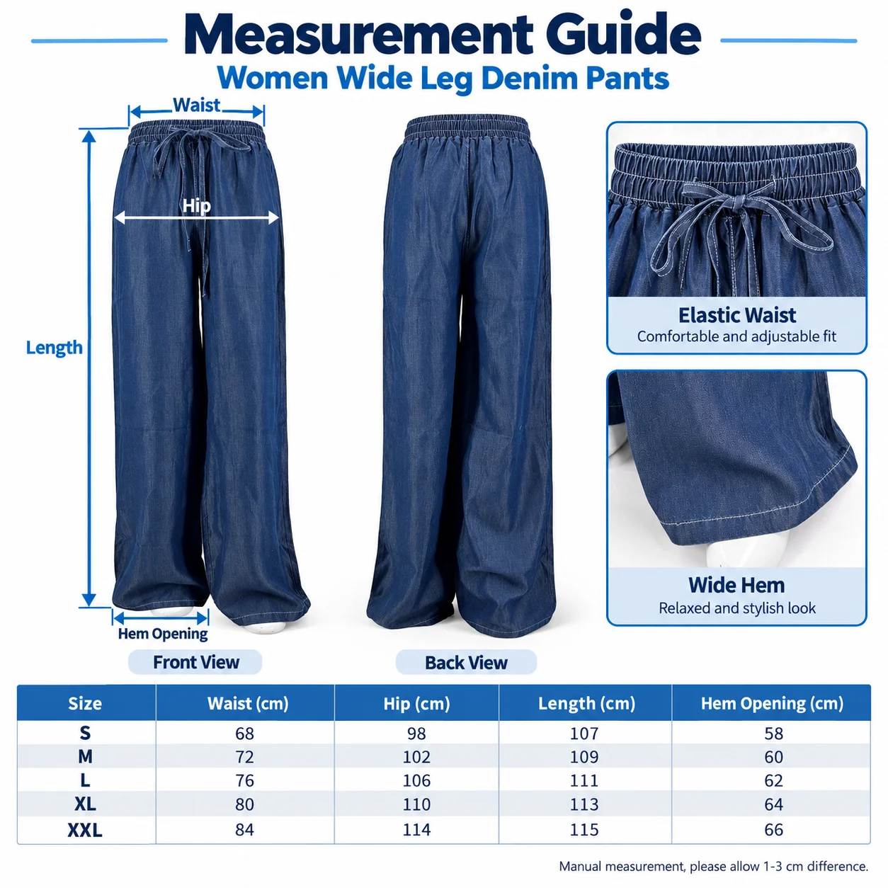 Vintage Blue High-Waisted Breathable Casual Women's Wide Leg Denim Elastic Waist Drawstring Pants Women's Pants Women's Jeans