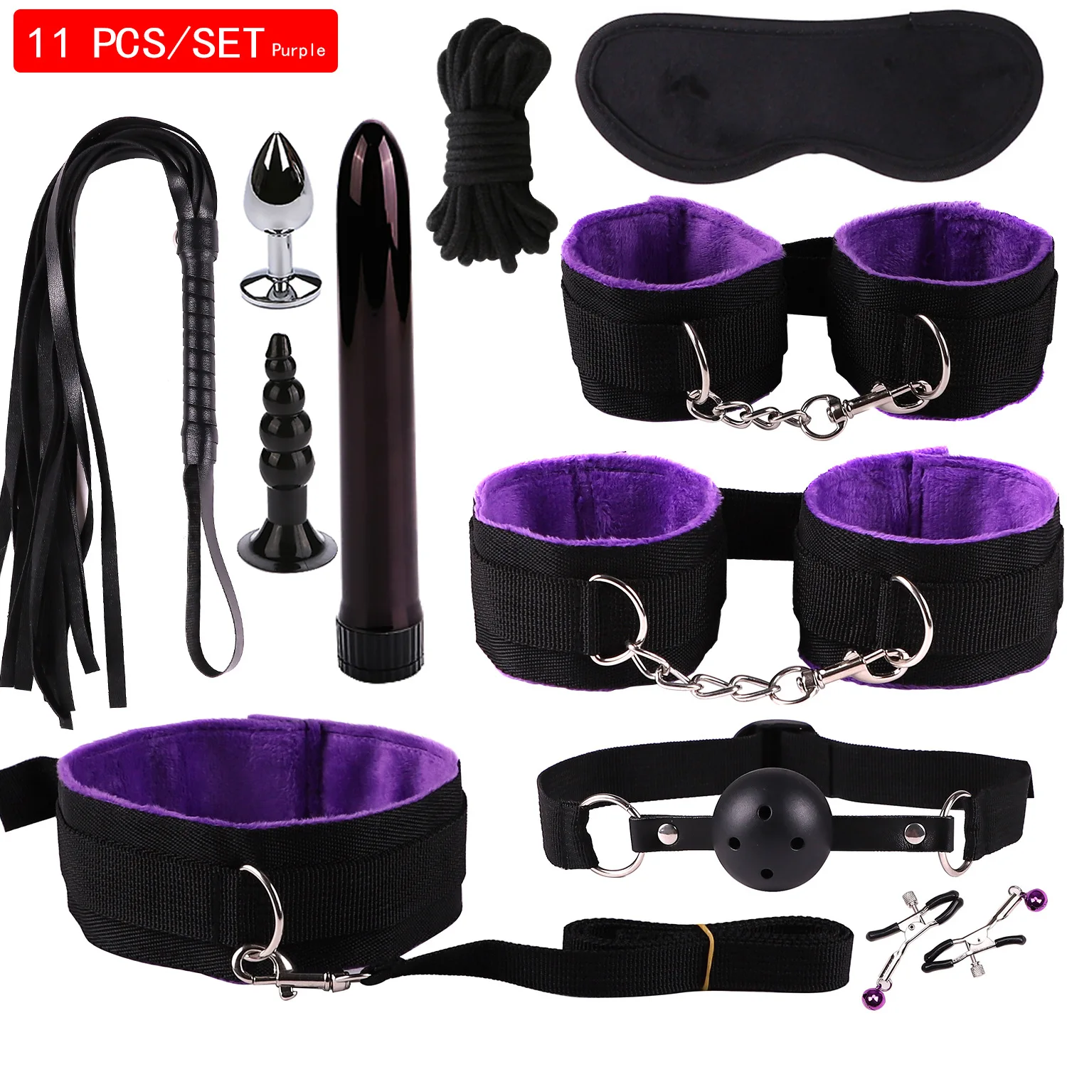 New SM 11PCS Fetish Mouth Gag Handcuffs Bondage Restraint Slave Game Set Bdsm Sex Toys with Bullet Vibrator Anal Butt Plug Kit