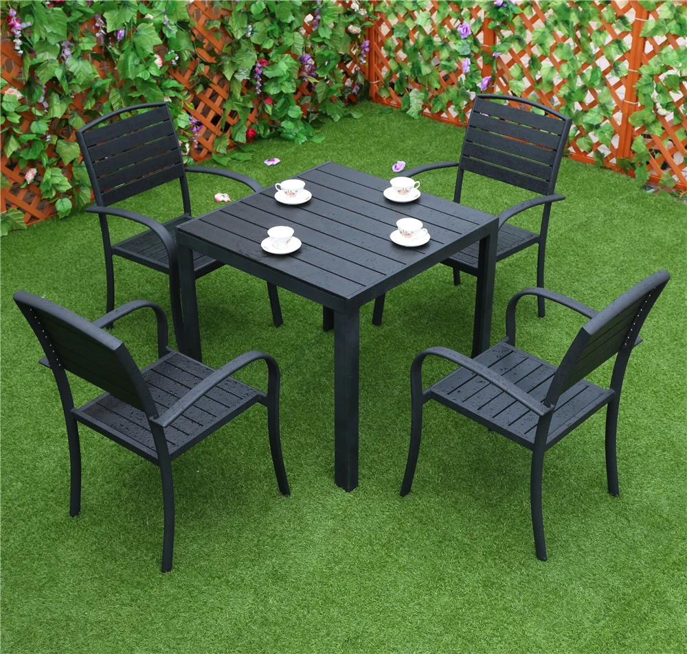 Factory directed outdoor table  aluminum with 4 seats plastic wood square table