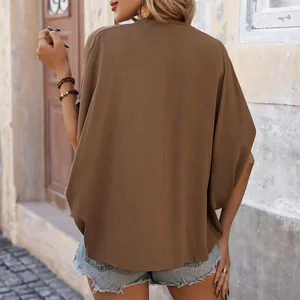 2024 Summer New Medium Women's V-neck Top Loose Fit Splicing Casual Elegant Style Women's Wear