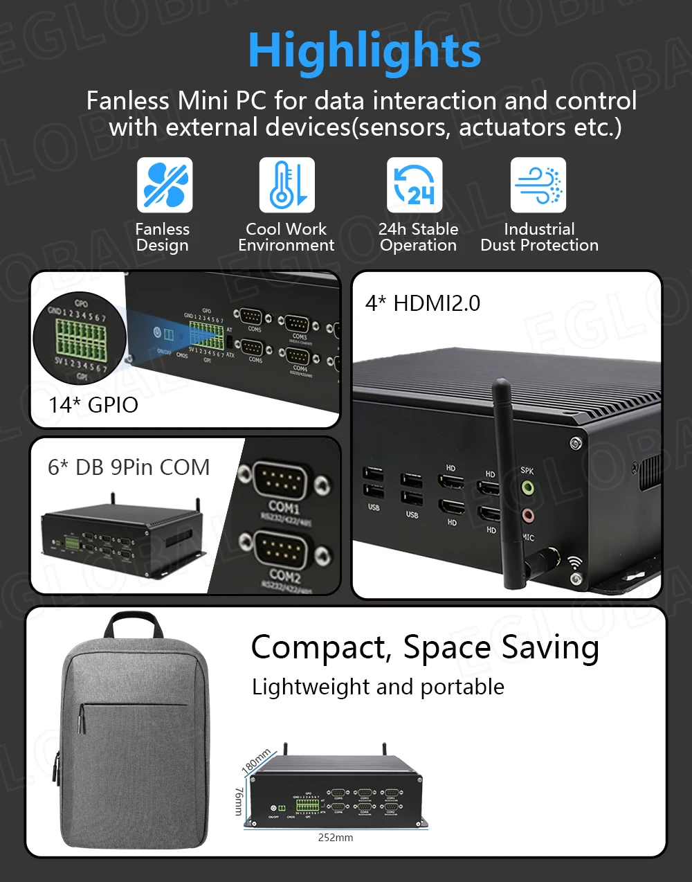 EGLOBAL Intel 12th Gen HX Core I7 12650HK CPUs Mini Industrial Computer 6*RS232 2.5G GPIO 4K HD Fact(图2)