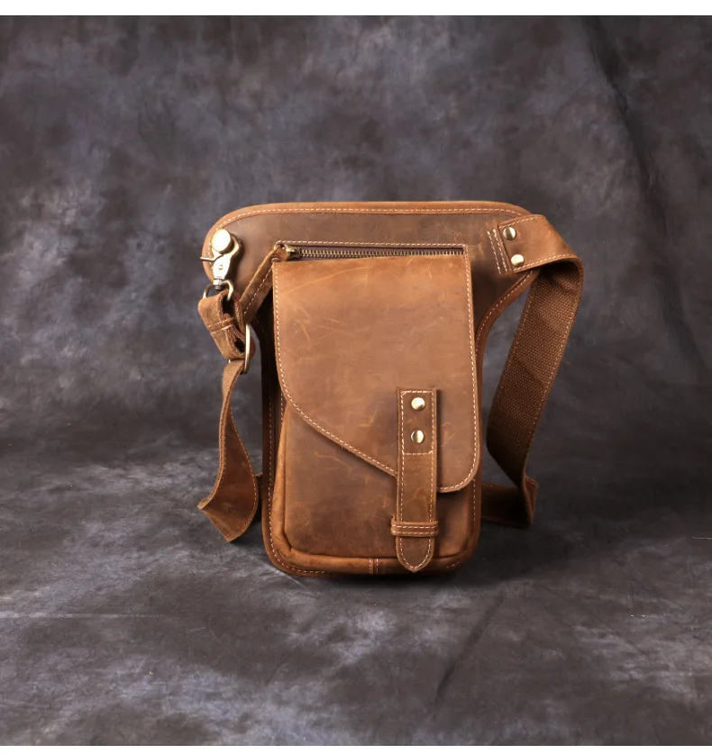 Vintage Genuine Crazy Horse Leather Waist Bag for Men Cowhide Motorcycle Crossbody Leg Saddlebags & Luggage