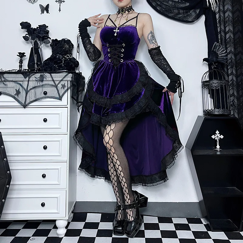 Grunge Gothic Women Dress Lace Trim High Waist Bodycon Mini Dress 2026 New  E-girl Vintage Punk Harajuku Lolita Party Clothes