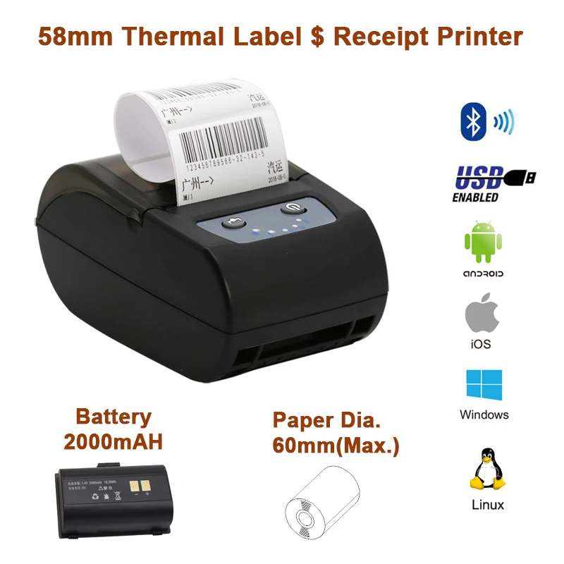 KEFAR Mini Portable Wireless Label Printer Blue Tooth Thermal Label Printer 80mm 58mm Receipt Printer for Ipad Android IOS