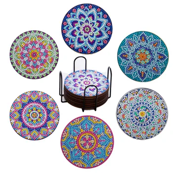 NISEVEN 6 Pack Diamond Painting Coasters with Holder Diy Mandala Coasters Small Diamond Painting Kits