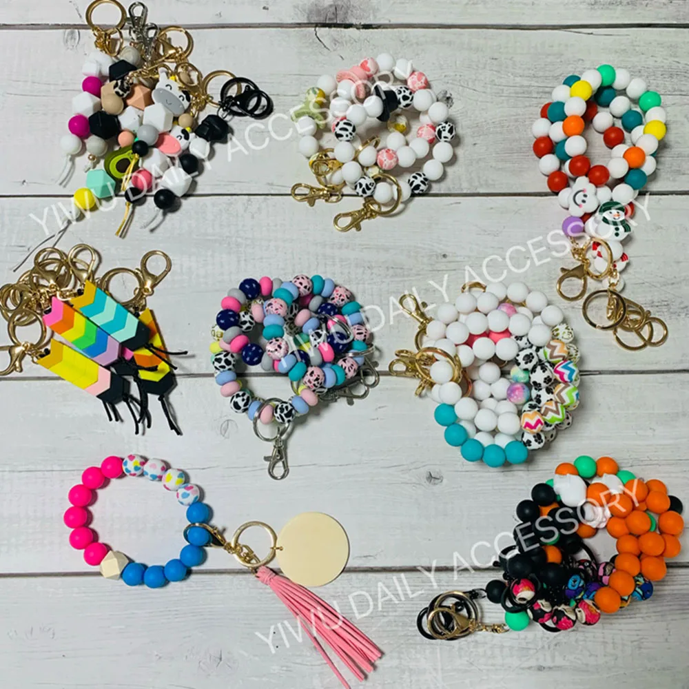 Halloween Key Chain Custom Monogram Engraved Disc Wood Beaded Bracelet