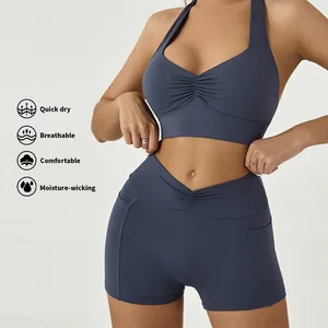 Custom Solid Plus Size Yoga Sets Quick Dry Sweat-Wicking Sports Bra Shorts 2-Piece Workout Clothes Breathable Fitness High Front