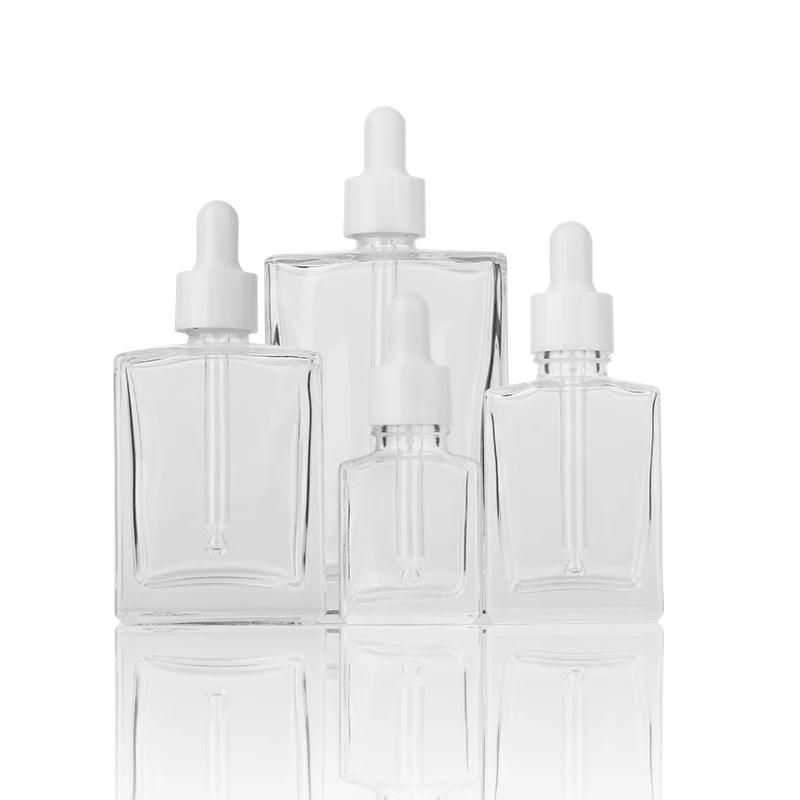 Luxury custom square cosmetic clear 15ml 30ml 50ml 100ml face hair glass serum essential oil dropper bottle