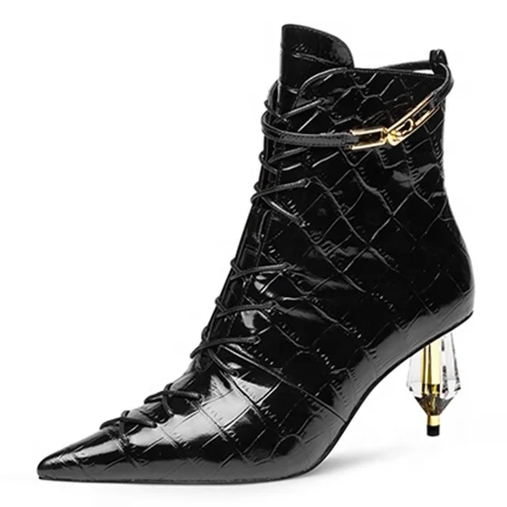 Botines De Cuero Con Cordones Para Mujer,Botines De Tacón Alto De Cristal  De Estilo Occidental,Color Negro,Para Otoño E Invierno - Buy Señaló Encaje  Señoras De Moda Botas Cortas,Otoño Y El Invierno Nueva