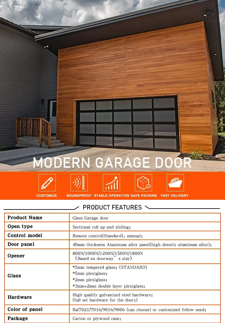 Modern 9x7 Full View Residential Door Aluminum 16x8 Usa Standard Frosted Tempered Glass Garage Doors