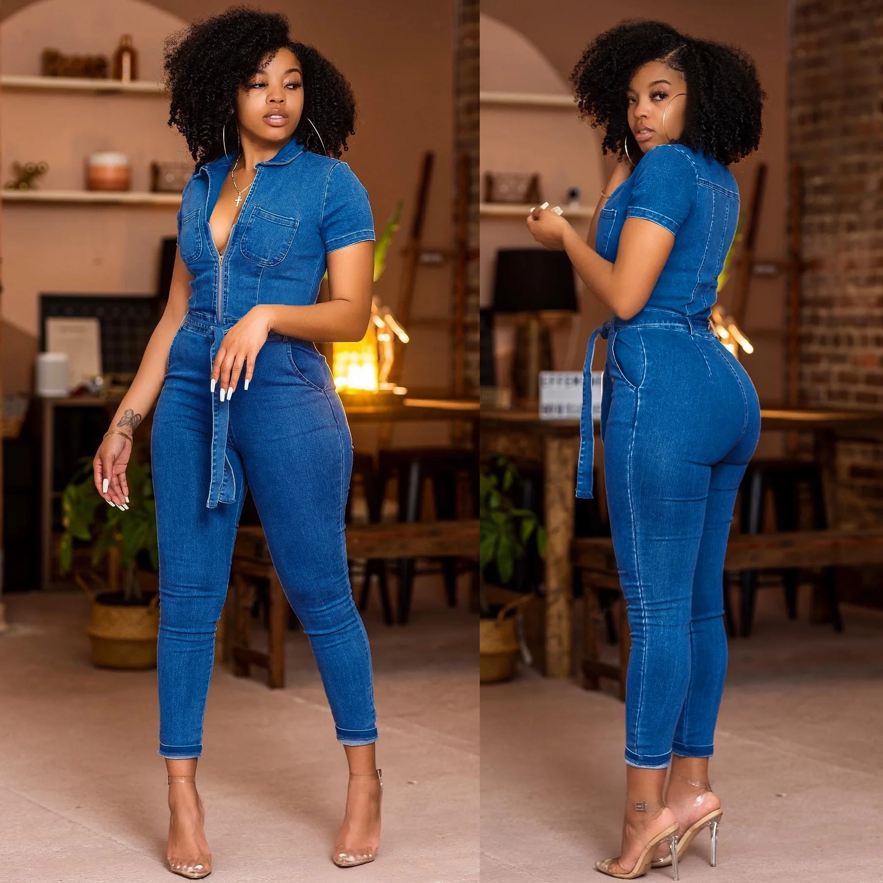 Denim jumpsuit shorts outfits online