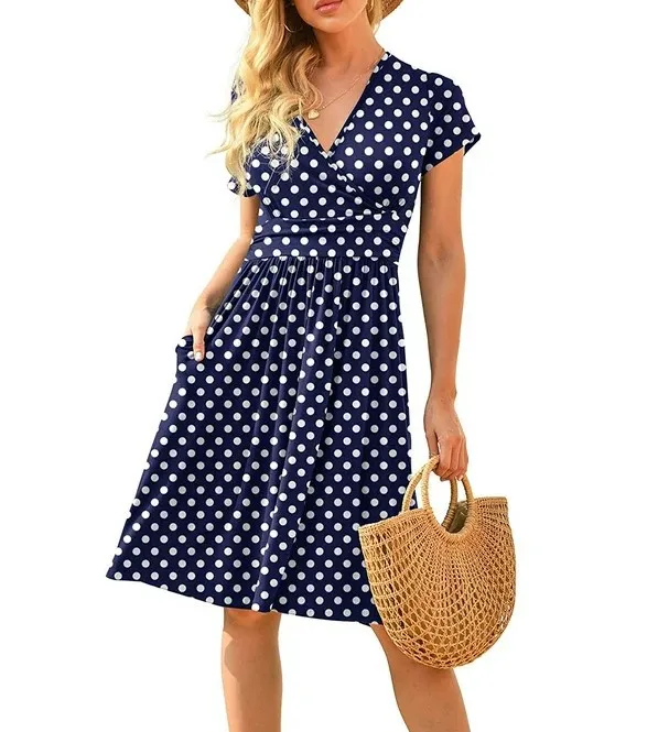 2024 Women Summer Bohemia A-line Dress Short Sleeve V-neck Pocketed Dresses Knee Length Lady High Waist Casual Dresses