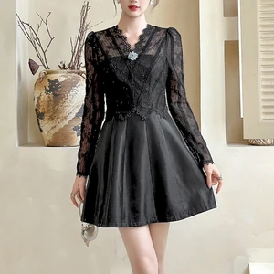 ZYHT 21932 Black Lace & Satin Mini Dress with V-Neck & Long Sheer Sleeves Beaded Embellishment Dresses for Girls