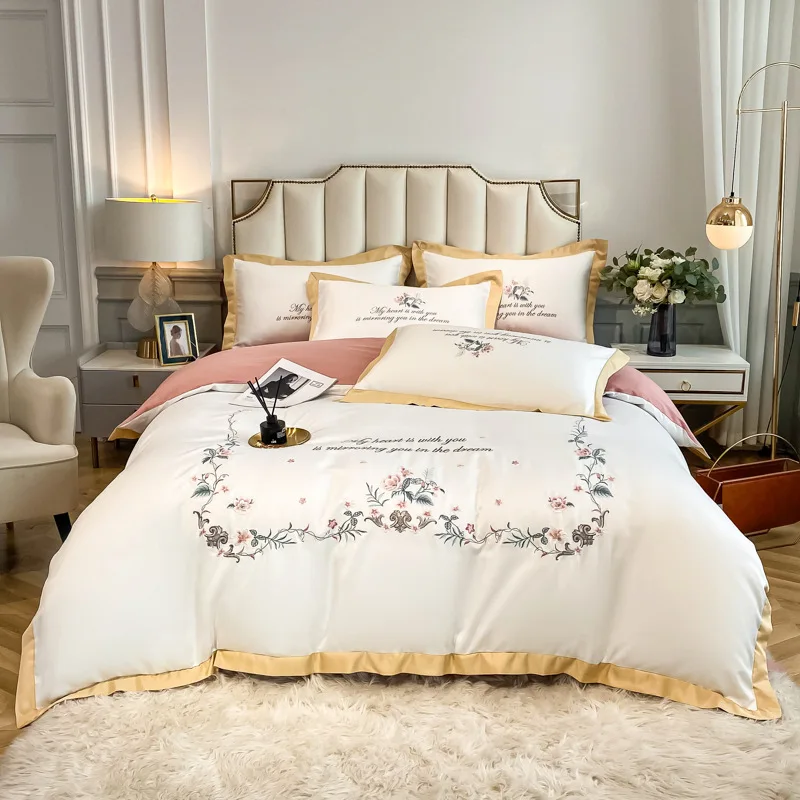 Комплект постельного белья с вышивкой, роскошный хлопковый атласный комплект постельного белья 60S с растительным принтом, с простыней
