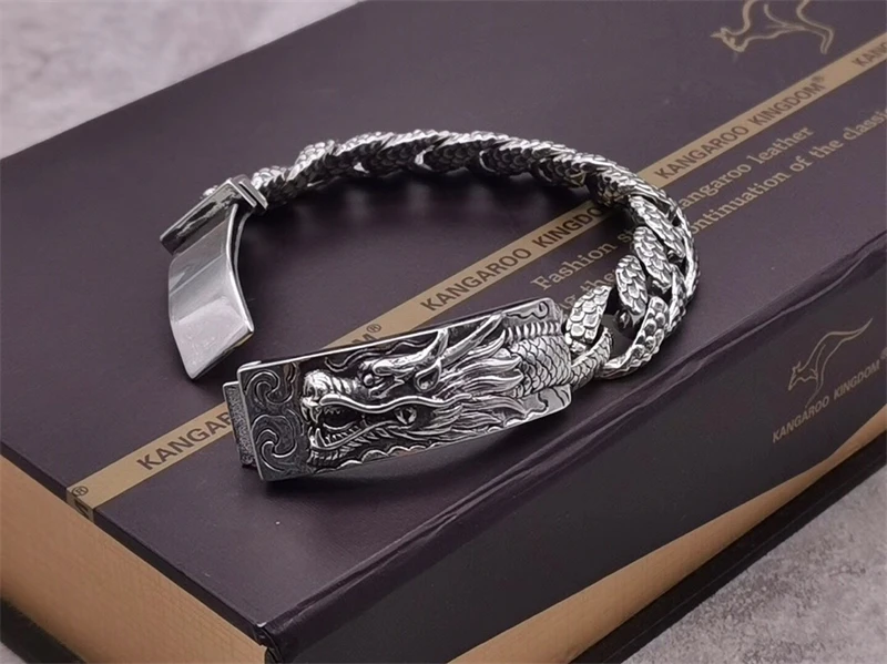 S925 Silver Bracelet with Dragon Pattern - Rugged & Stylish