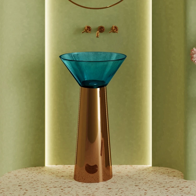 Funnel Shaped Blue Translucent Resin Basin and Rose Gold Stainless Steel Pedestal Combination Freestanding Bathroom Wash Basin