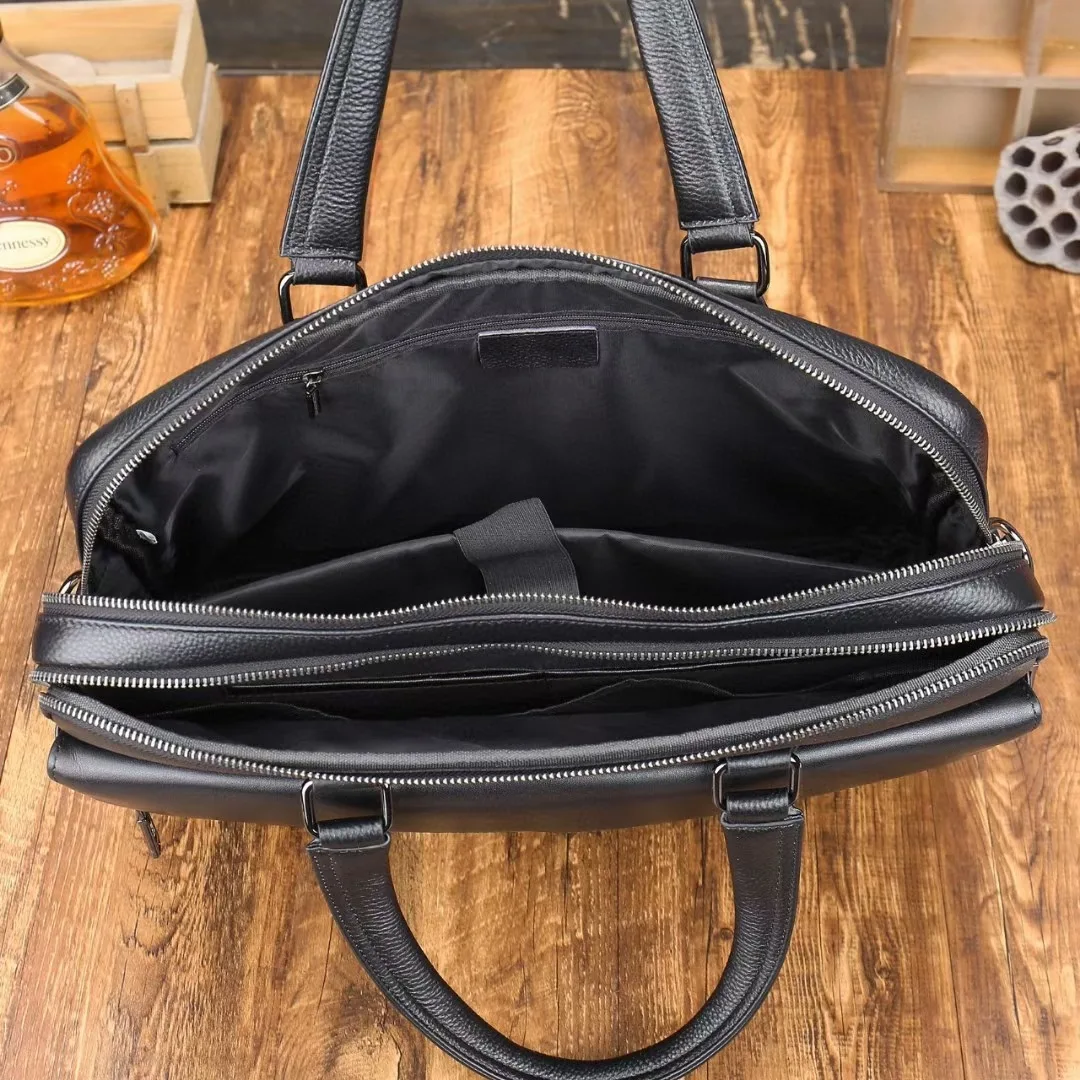 Custom Design Real Cow Leather Cow Hide 15.6 Inches Case Office Business Bag Black Pebble Leather Computer Laptop Briefcases
