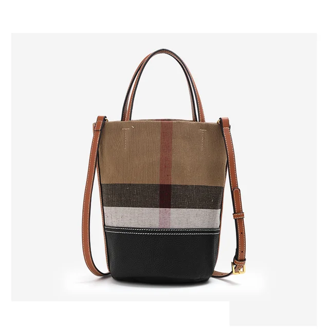 Direct Brand Luxury Women's Tote Bag Real Cowhide Genuine Leather with Canvas Plaid High Quality Briefcase for Ladies