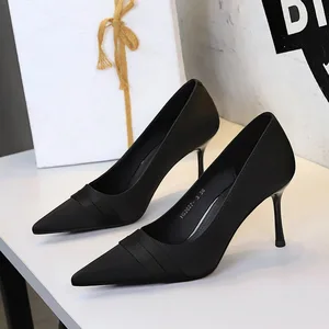 2627-3 European American Style Satin Stiletto Slip-On High Sexy Fashionable Pointed Toe Shallow Mouth Elegant Banquet Summer