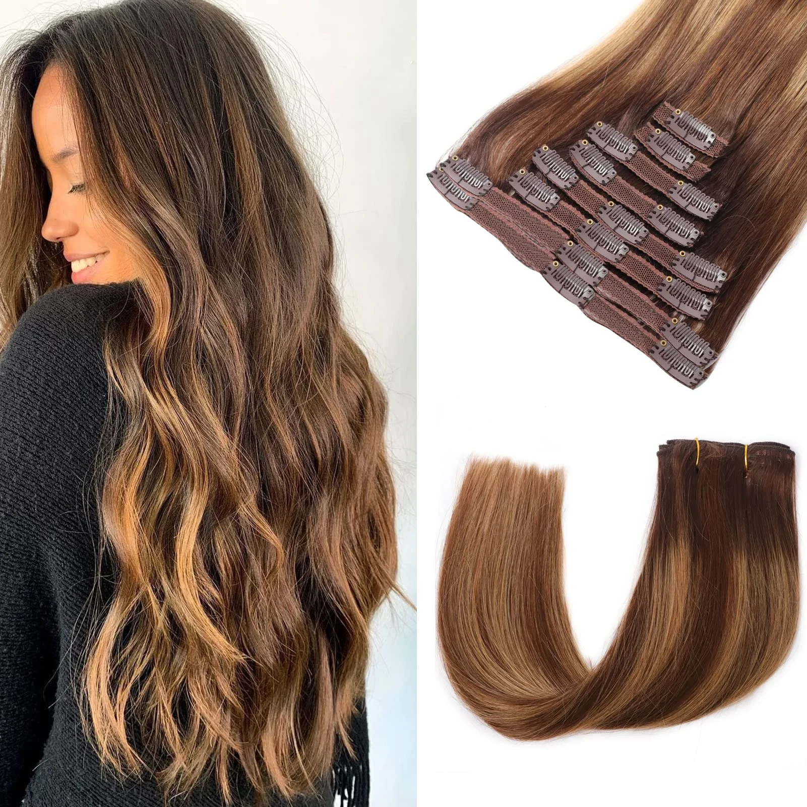 Clip in Hair Extensions 8pcs 120g Real Human Hair 16-26 inches #P4/27_voghion.com