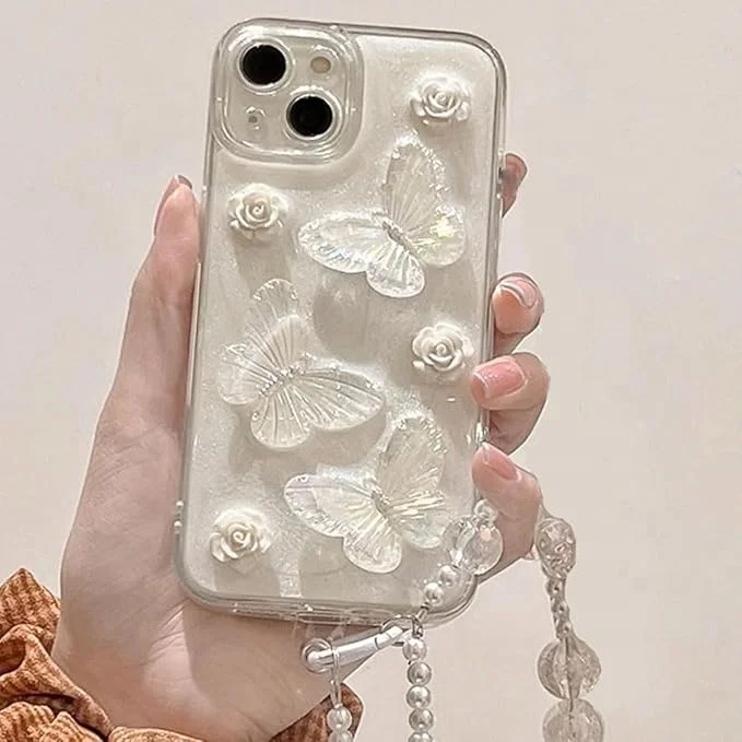 Laudtec Luxury Glitter Butterfly Case for iPhone 16 Cute Flower Floral Pearl Bling Sparkle with Wrist Strap Chain Aesthetic Case