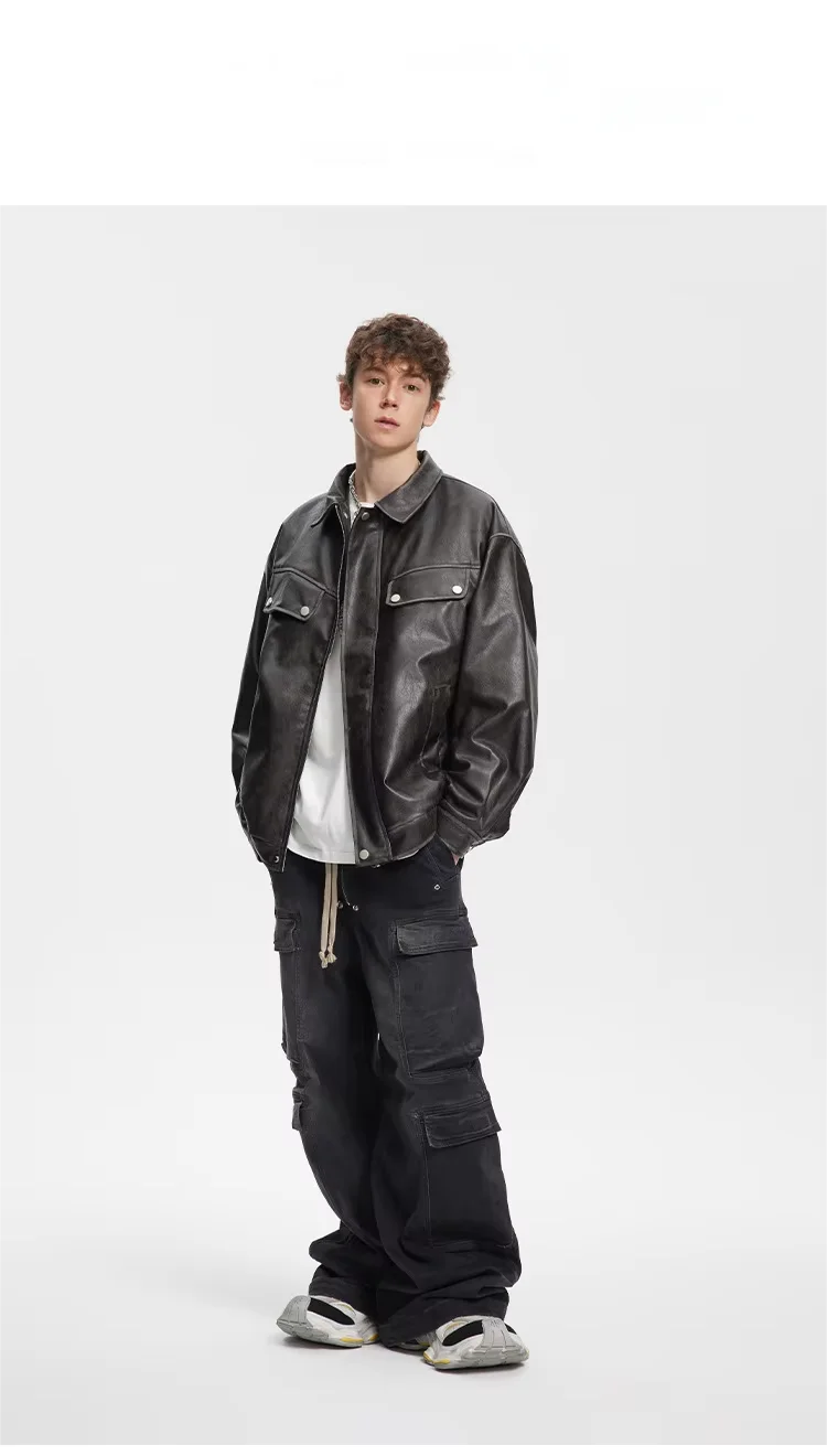 2025 Fall New Men's Genuine Leather Lapel Jacket Casual Stand Long Fashionable Silhouette Structured Drop Shoulder Unisex Coat