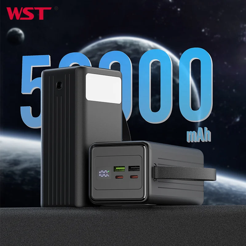 WST Floodlight LED Display Rope Handle Power Banks Outdoor Mobile Phone Portable High Capacity 50000mah Fast Charging Power Bank