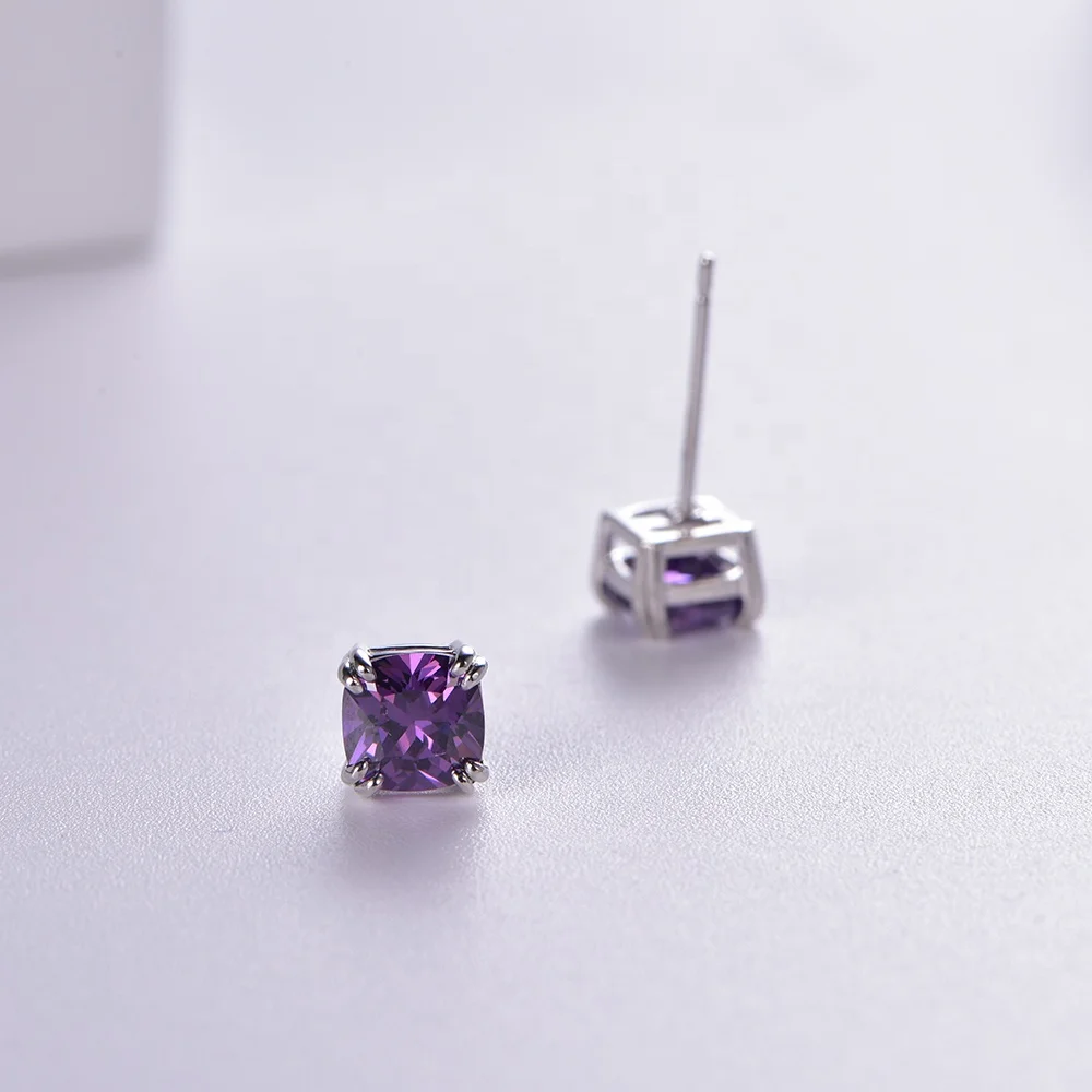 Custom Color Diamond Earrings Fusion Stone Amethyst Diamond Stud Earrings 925 sterling silver earrings