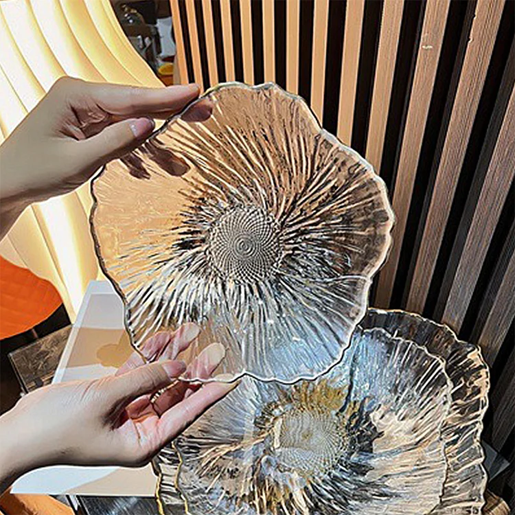 Pearl White Glass Plate Big Size Kitchenware Pearlescent Snack Creative Candy Fruit Plate Flower Crystal Plate
