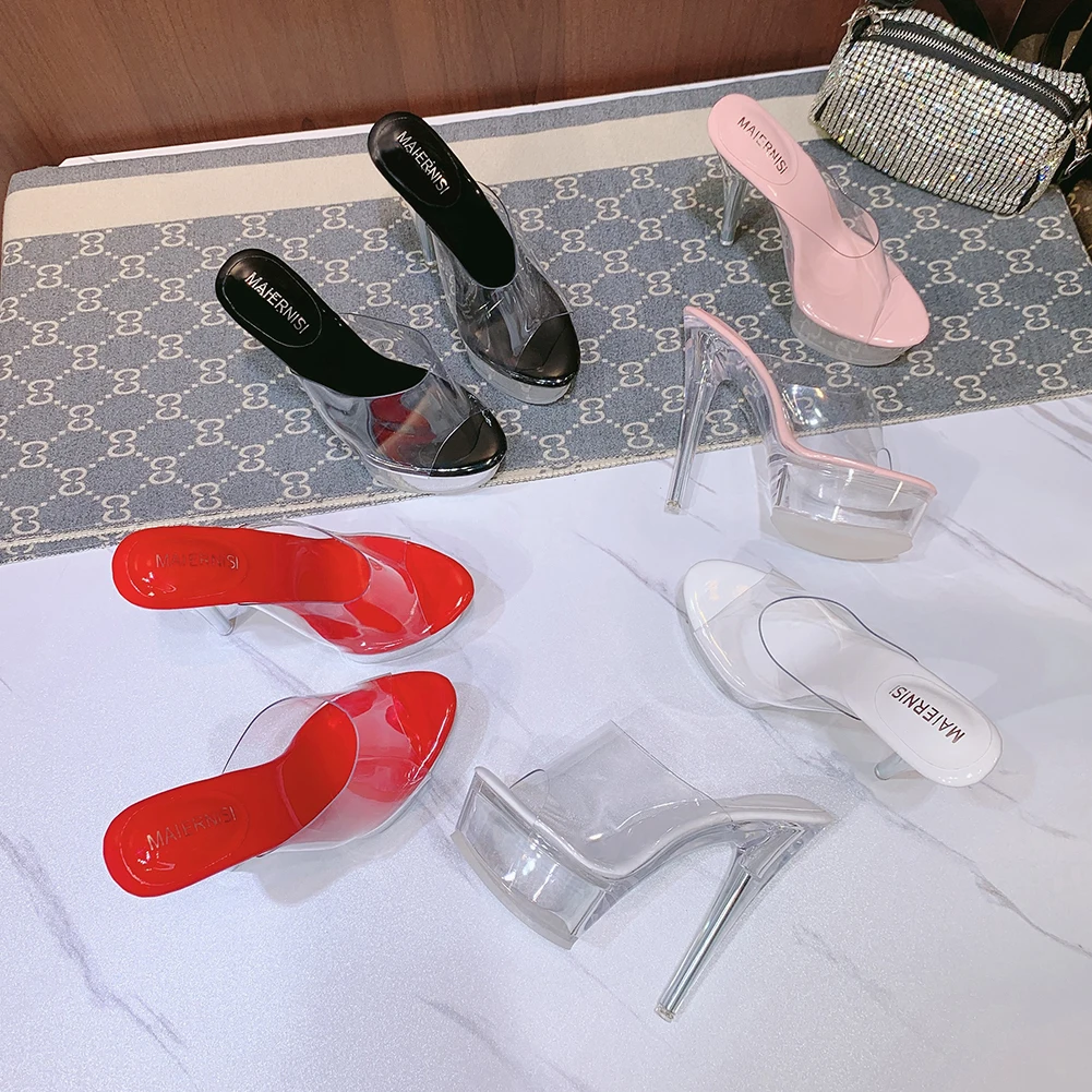 Zapatillas de tacón alto con plataforma transparente para mujer