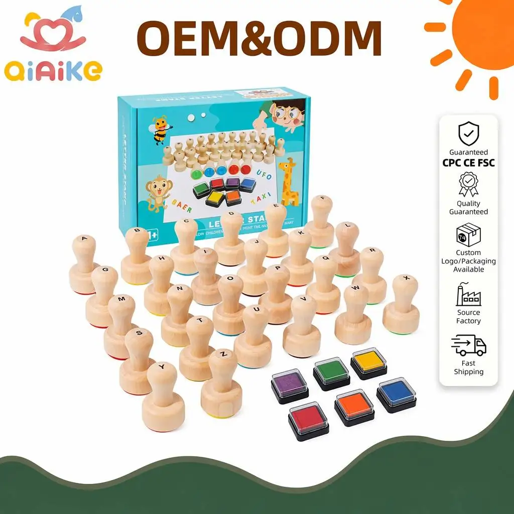 Set di timbri personalizzati all'ingrosso in legno con lettere dell'alfabeto, giocattolo educativo fai-da-te per bambini, ispirato al metodo Montessori, con tavoletta per timbri multicolore, certificazione CE e FSC