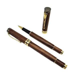 Factory Wholesale Branded Luxury Walnut Gold Wood Roller Pen with Custom Logo Business Promotion Premium Gift Wood Ballpoint Pen