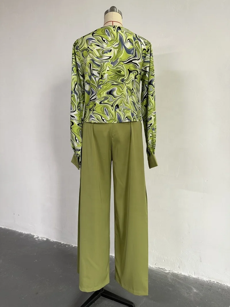 Spot Women's Spring New Printed Lantern Sleeve Shirt Wide Leg Pants Casual Suit
