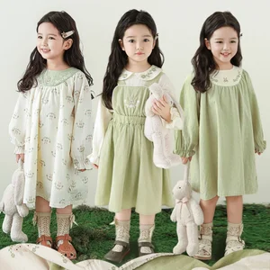 Thin and Light Breathable Girls Casual Dress Doll Collar Long Sleeves Cartoon Pattern Cotton Kids Dress
