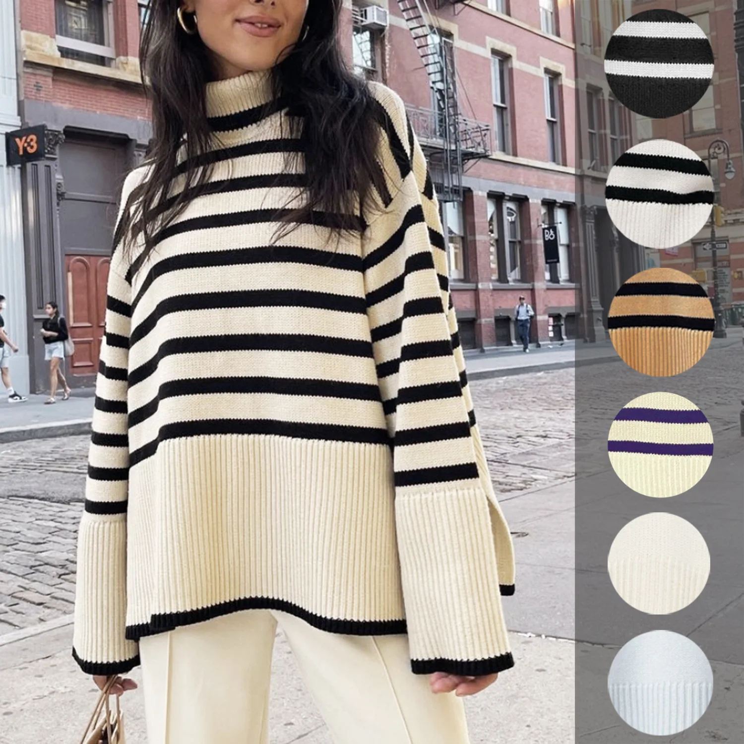 Winter Turtleneck Long Sleeve Striped 