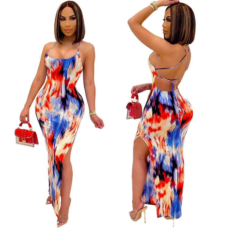 2021 Fashion Female Maxi Strap Dress Backless Tie Dye Summer Women Party Long Tight Dresses