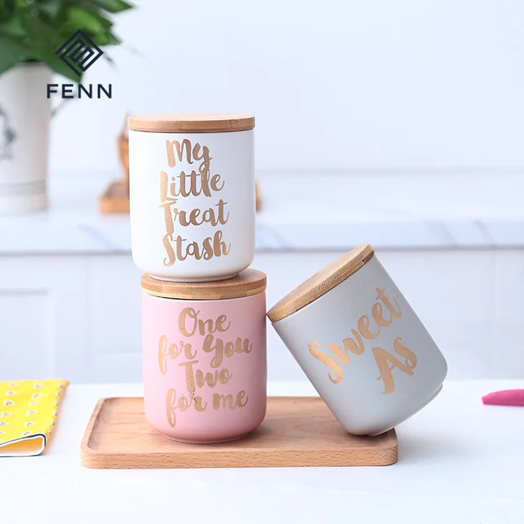 FENN customized matte kitchen canister airtight jar ceramic coffee canister sets with wooden bamboo lids for home and kitchen