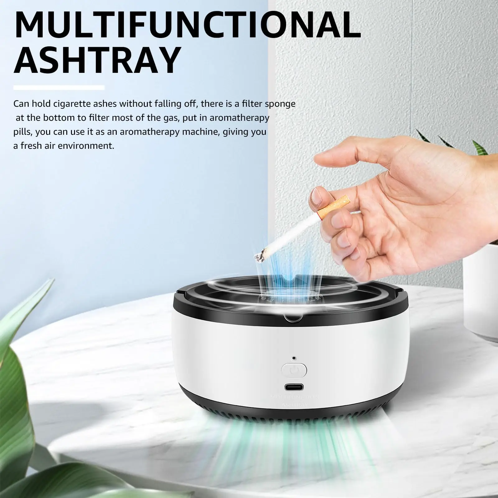Air Purifier Ashtray, Smokeless Ashtray 360 Degree Surround Suction with  Negative Ions, Auto Shut-off Timer Function for Car