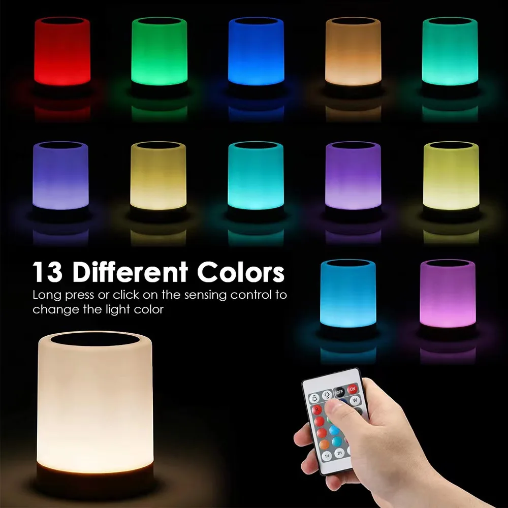 Touch Remote Control LED RGB Table Lamp Rechargeable Night Light for Bedside Camping with Hook