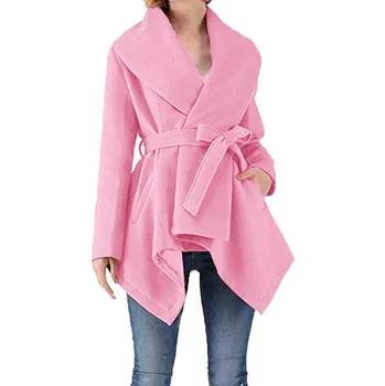 Wholesale Lady Short Shawl Collar Trench Coat Pocket Fashion Asymmetric Hem Plaid Lace Up Long Sleeves Outwear Long Coat