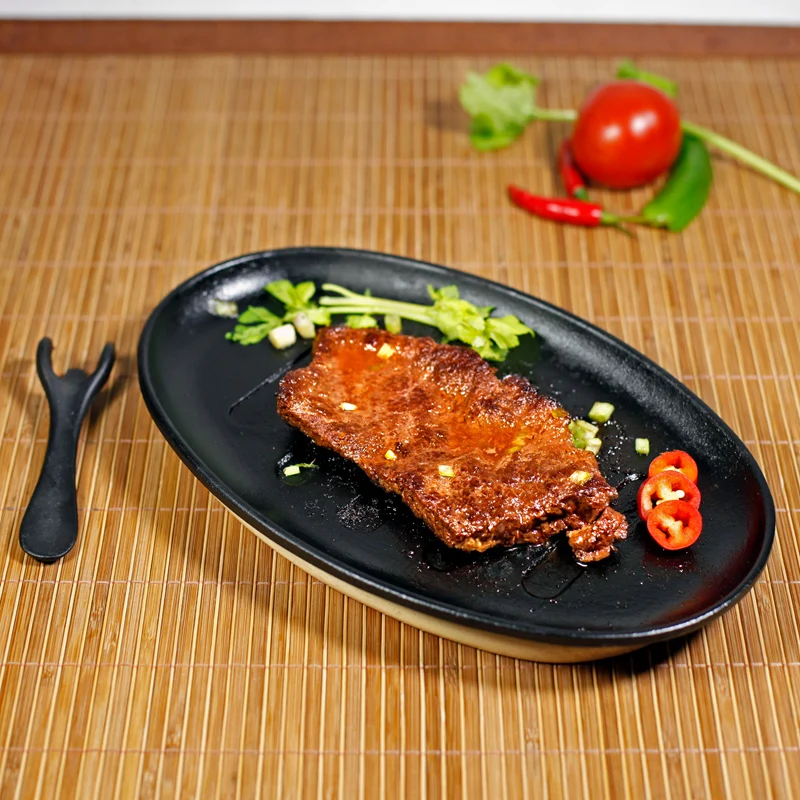 Cast Iron BBQ Sizzler Steak Sizzling Platter With Wooden Trivet Serving Dish 