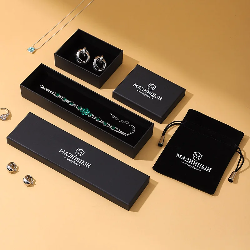 Wholesale Premium A1 Brand Black Lid Base Jewelry Box Set Velvet Double Stitching Drawstring Bag Custom Logo Packaging Ring details