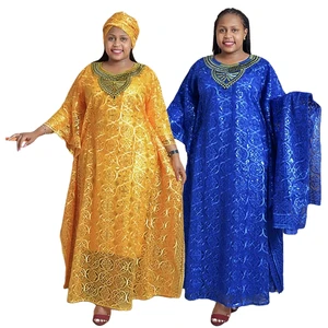 S9593 Trendy African Dresses for Women Clothing Embroidered Lace Loose Bat Sleeve Dress Tank Top Robe 3-Piece Set With Headscarf