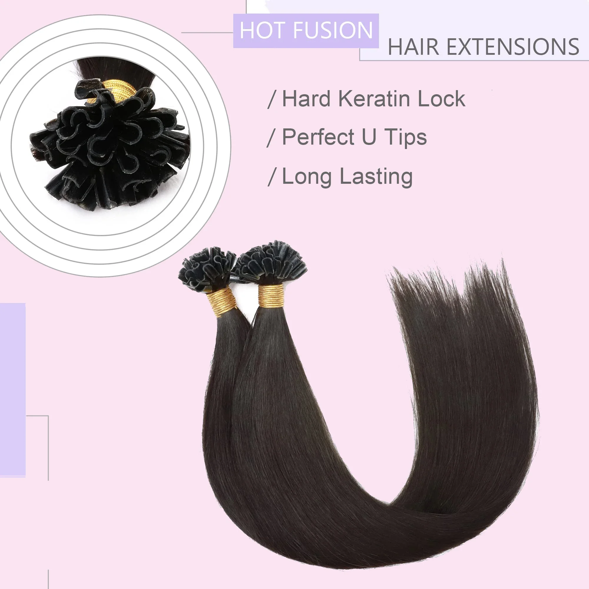Extensiones de cabello humano con punta en U, preadheridas, queratina, 100 hebras, 16-26 pulgadas_voghion.com